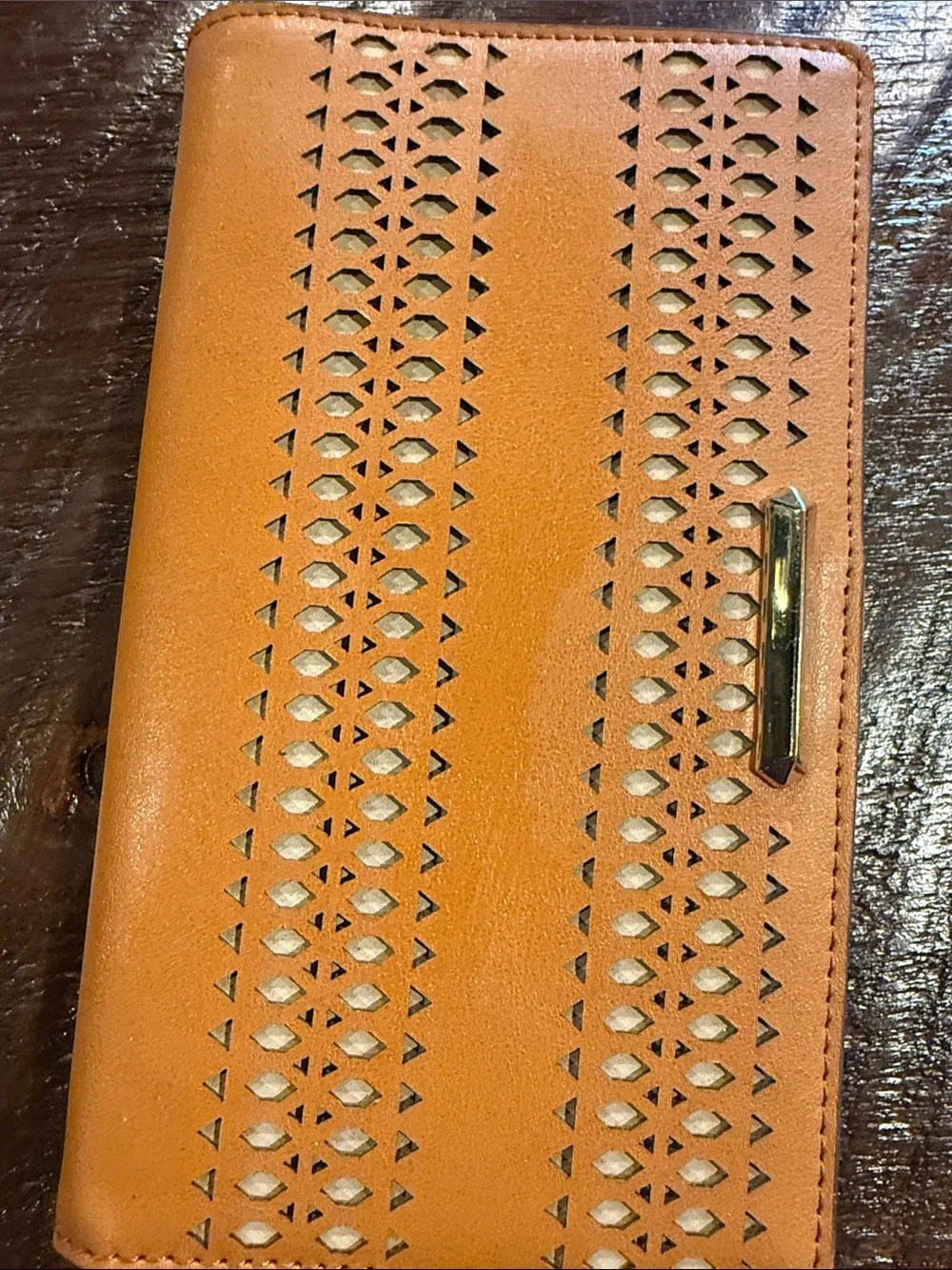 Stella & Dot Orange Perforated Leather Wallet Clutch with Metal Bar
